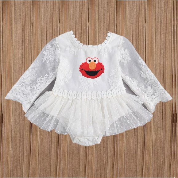 Elmo White Lace Long Sleeve Sesame Street Girl Outfit Clothes romper dress